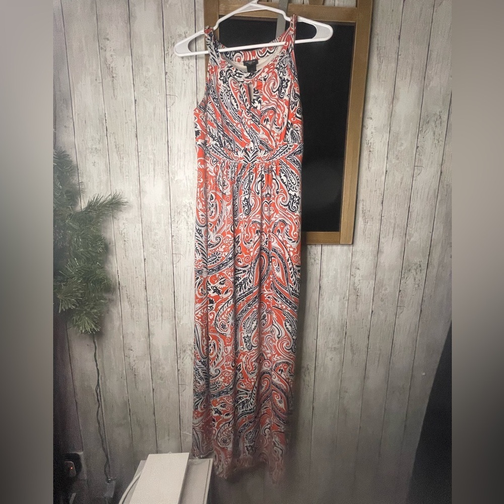 Ann Taylor Womens Long Maxi Dress Small Petite Lined Blue Orange and White Print